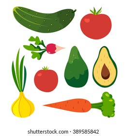 Vegetables vector set. Cucumber, carrot, onion, tomato, radish, avocado. Isolated illustration on white background. Healthy food concept. Cellulose vegetables