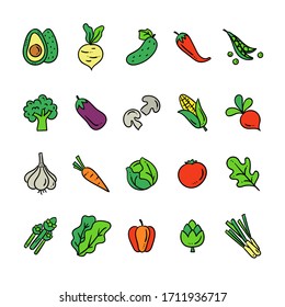 Conjunto vectorial de verduras. Dibujó a mano iconos sanos del doodle comiendo aislados en fondo blanco. Recopilación de esquemas de dieta vegetal