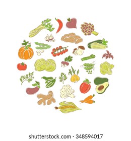 Vegetables vector set. Vegetables icons. Circle