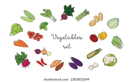 Vegetables vector set in outline with colored elements. Isolated vegetable collection used for recipe book, restaurant menu, farm product design, vegetarian shop market label.