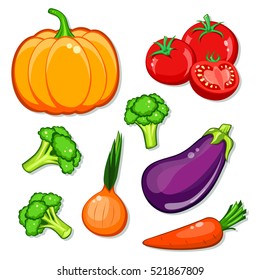 vegetables vector set. Patch, sticker isolated on white background. Cute Pumpkin, carrot, onion, eggplant, broccoli, tomatoes. Vegan healthy eating, vegetarian organic food, diet. Comics cartoon style