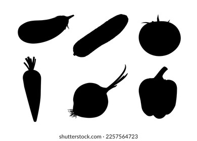 Ilustración de silueta vectorial de hormigón. Alimentos saludables. Planta de huevos, pepino, tomate, zanahoria, cebolla, pimiento de timbre.. Vegeteriano