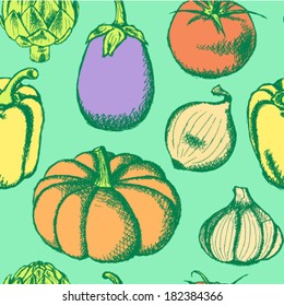 Vegetables vector, sketch seamless pattern