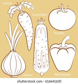 Vegetables. Vector yellow-brown food drawing. Carrot, onion, tomato, cucumber, pepper.