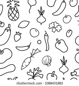 Vegetables vegan drawing seamless pattern. Vegetarian inspiration graphic design typography element. Hand drawn postcard wrapping paper. Cute simple vector style. Textile ecology print Banana Pumpkin