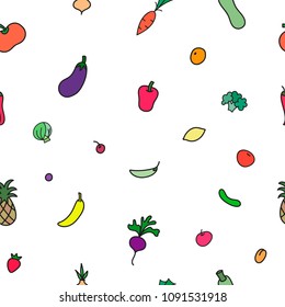 Vegetables vegan drawing seamless pattern. Vegetarian inspiration graphic design typography element. Hand drawn postcard wrapping paper. Cute simple vector style. Textile ecology print Banana Pumpkin