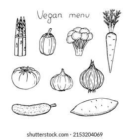 Vegetables vegan food set vector illustration, hand drawing sketch