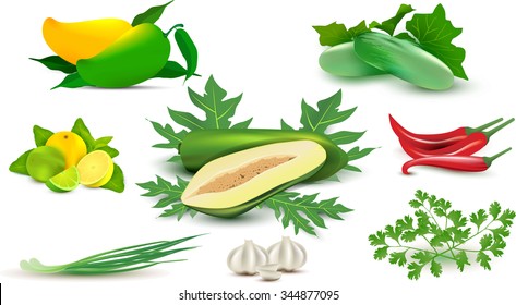 vegetables, vegetable papaya salad with mortar and ingredients