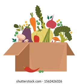 Vegetables for vegetarians and lovers of a healthy lifestyle in a cardboard box. Order from the online eco product store. Vector illustration in cartoon flat style.