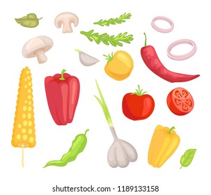 Vegetables veggies isolated icons set vector. Herbs and leaves mushroom pepper paprika and corn. Tomatoes garlic and onion rings vegs and greenery