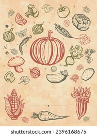 Vegetables. Vertical background. Cabbage, pumpkin, beets, tomato, corn, vegetables, lettuce, mushrooms, eggplant, potatoes, carrots, garlic. Old paper vector. Cover page template