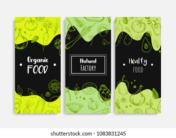 Vegetables vertical banner collection. Linear graphic. Healthy food. Vector illustration.