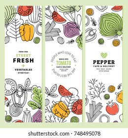 Vegetables vertical banner collection. Linear graphic. Vegetables backgrounds. Scandinavian style. Healthy food. Vector illustration