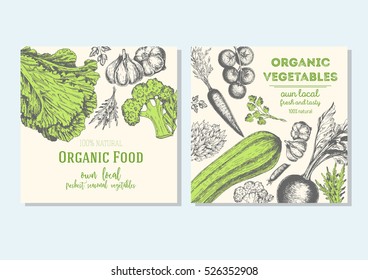 Vegetables vintage design template. Square banners set. Hand-drawn vector illustration