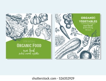Vegetables vintage design template. Square banners set. Hand-drawn vector illustration