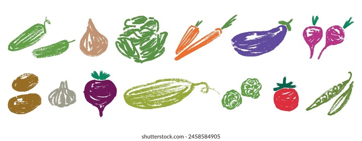 Verduras, vitaminas, conjunto, maduro, crudo, agricultura, Ilustración vectorial dibujada a mano texturizada aislada en blanco