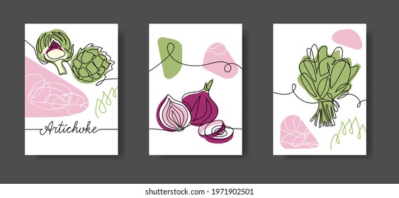 Vegetables wall line art decor. Green salad leaf, spinach, onion, artichoke. Set of vector illustrations, one continuous line decoration of vegetables for kitchen or cafe.