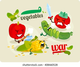 Vegetables war. Fierce vegetables bash each other.Cucumber, tomato, peppers, corn, sword, ax.