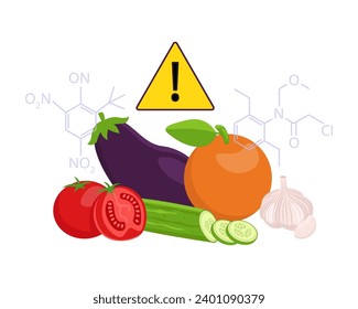 Vegetables and warning sign vector illustration. Pesticide-laden tomatoes, cucumber, eggplant. Harm of using pesticides and chemicals