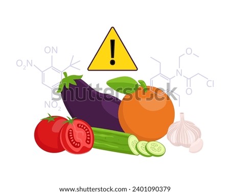 Vegetables and warning sign vector illustration. Pesticide-laden tomatoes, cucumber, eggplant. Harm of using pesticides and chemicals
