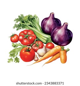 Vegetables watercolor in retro hand drawn style on white background. Summer element vector illustration.