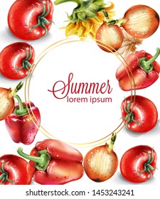 Vegetables watercolor Vector poster. Delicious tomatoes, red pepper and onions. Menu layout background. Summer healthy food