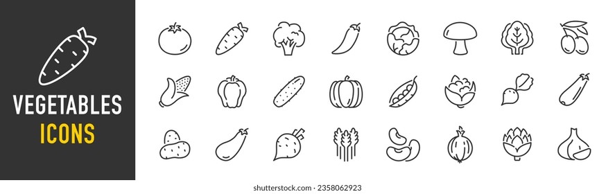 Vegetables web icons in line style. Tomato, artichoke, potato, paprika, corn, carrot, beans, pumpkin, collection. Vector illustration.