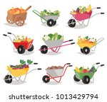 Vegetables in wheelbarrow vector healthy nutrition of vegetably tomato pepper and carrot in wheel barrow for vegetarians eating farming food illustration vegetated set isolated on white background