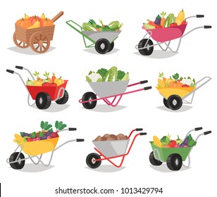 Vegetables in wheelbarrow vector healthy nutrition of vegetably tomato pepper and carrot in wheel barrow for vegetarians eating farming food illustration vegetated set isolated on white background