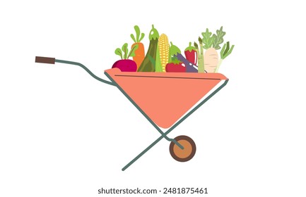 Vegetables in wheelbarrow vector healthy nutrition of vegetable tomato pepper and carrot in wheel barrow for vegetarians eating farming food illustration vegetated set isolated on white background 