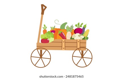 Verduras en Vector de carretilla nutrición saludable de tomate vegetal, pimiento y zanahoria en carretilla para vegetarianos que comen ilustración de alimentos de agricultura conjunto vegetal aislado sobre fondo blanco 