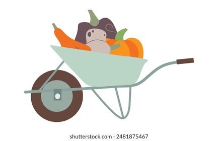 Vegetables in wheelbarrow vector healthy nutrition of vegetable tomato pepper and carrot in wheel barrow for vegetarians eating farming food illustration vegetated set isolated on white background 