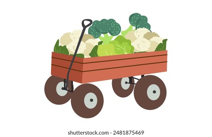 Vegetables in wheelbarrow vector healthy nutrition of vegetable tomato pepper and carrot in wheel barrow for vegetarians eating farming food illustration vegetated set isolated on white background 