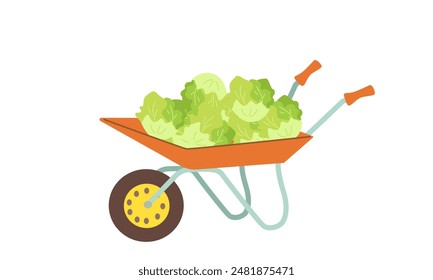 Vegetables in wheelbarrow vector healthy nutrition of vegetable tomato pepper and carrot in wheel barrow for vegetarians eating farming food illustration vegetated set isolated on white background 