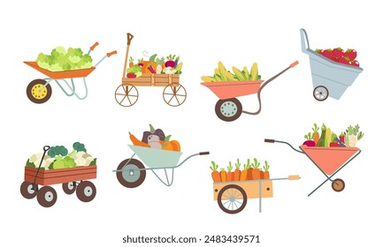 Vegetables in wheelbarrow vector healthy nutrition of vegetable tomato pepper and carrot in wheel barrow for vegetarians eating farming food illustration vegetated set isolated on white background