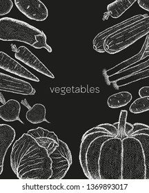 Vegetables, white on a black background. Cabbage, carrots, potatoes, leeks, pumpkin, beets, zucchini, eggplant. Dot drawing.