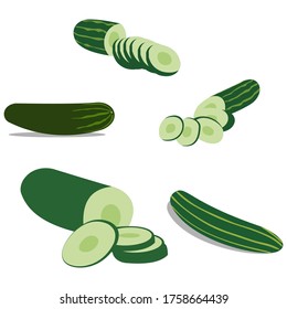 Vegetables. Whole and sliced cucumber, . Vector illustration