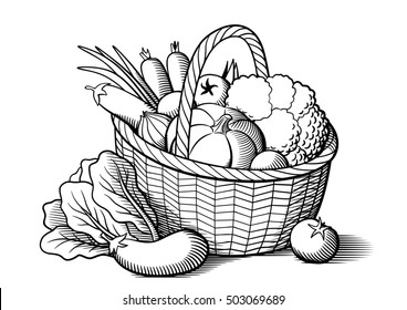 Basket Drawing Vegetable Food PNG Clipart Animation Area Basket Black  And White Commodity Free PNG Download
