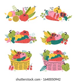 Vegetables in wicker baskets, ripe fresh seasonal vegetables, collection of veggies, organic harvest, farming market basket. Flat hand drawn vector illustration, good as print poster, card or sticker.