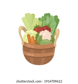 Vegetables in a wooden basket. Gardening vector hand drawn illustration.