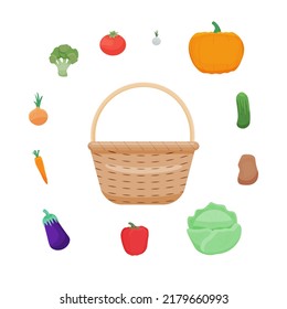 vegetables and wooden basket. Harvesting.  Isolated on a white background, vector illustration. carrots, potatoes, cabbage, tomatoes, broccoli, eggplant, garlic, onion, cucumber, pumpkin.