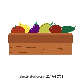 Vegetables in a wooden box. Autumn harvest garden .Vector doodle cartoon illustration Isolated over white background.