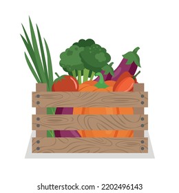 Vegetables in wooden box. Fresh farm products. Vector illustration of organic food.