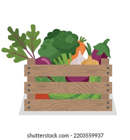 Vegetables in wooden box. Fresh farm products. Vector illustration of organic food.