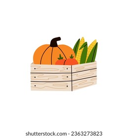 Vegetables in wooden box. Grocery products in eco package. Modern shopper with fresh organic healthy vegetarian food. Pumpkin and corn. Local market. Autumn harvest, cartoon flat vector illustration