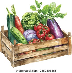 Vegetales en una caja de madera dibujado a mano ilustración realista de la acuarela en el fondo blanco