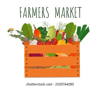 Vegetables in a wooden box.  Harvest, local natural products.  Advertising of the farmer's market. Vector illustration.