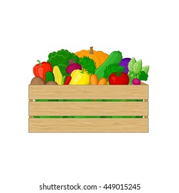 Vegetables in a wooden box isolated on white background. Organic food illustration. Fresh vegetables from the farm. Natural, healthy food concept. Vector.