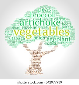 Vegetables. Word cloud, tree of health, gradient grey background. Food.