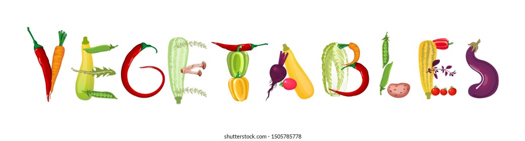 Vegetables word completed from vegetables and aromatic herbs. Farm fresh crop arranged like decorative title. Cooking lettering. Culinary series. Vector illustration.
